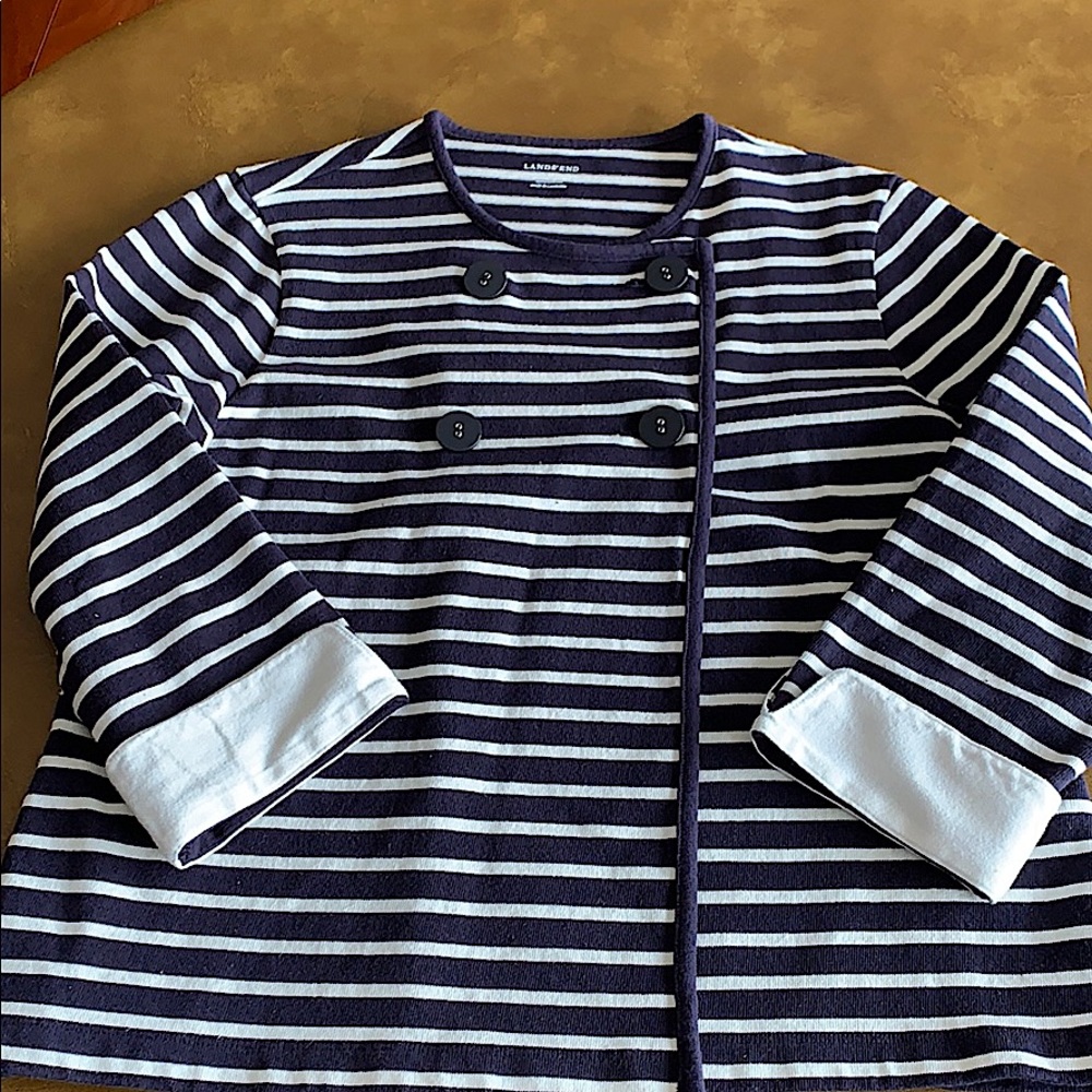 Landsend 100% cotton sweater.  Navy blue & cream.